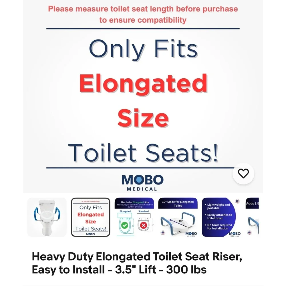 MOBO MEDICAL Heavy Duty Elongated Toilet Seat Riser‎ 3.5 Inch Lift 300 pound max